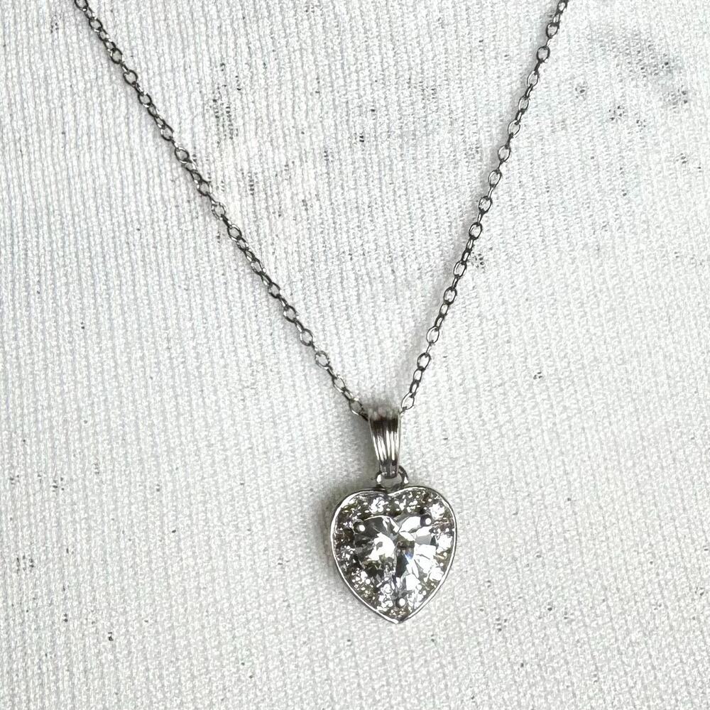 Vintage Sterling Silver Heart Shaped CZ Pendant Necklace 925 RL 18" Dainty Chain